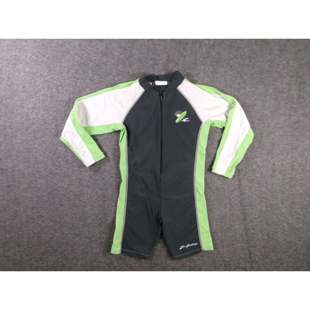 SunBusters Rashguard Swimsuit Kids 6-7 Long Sleeve Zip Short Leg Green Black